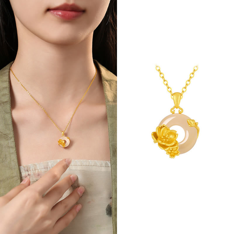Buddha Stones ​​Chalcedon 925 Sterling Silber Frieden Schnalle Blumen Halskette Anhänger - Pfirsichblüte - Goldener Chalcedon aus 925er Sterlingsilber - image 9