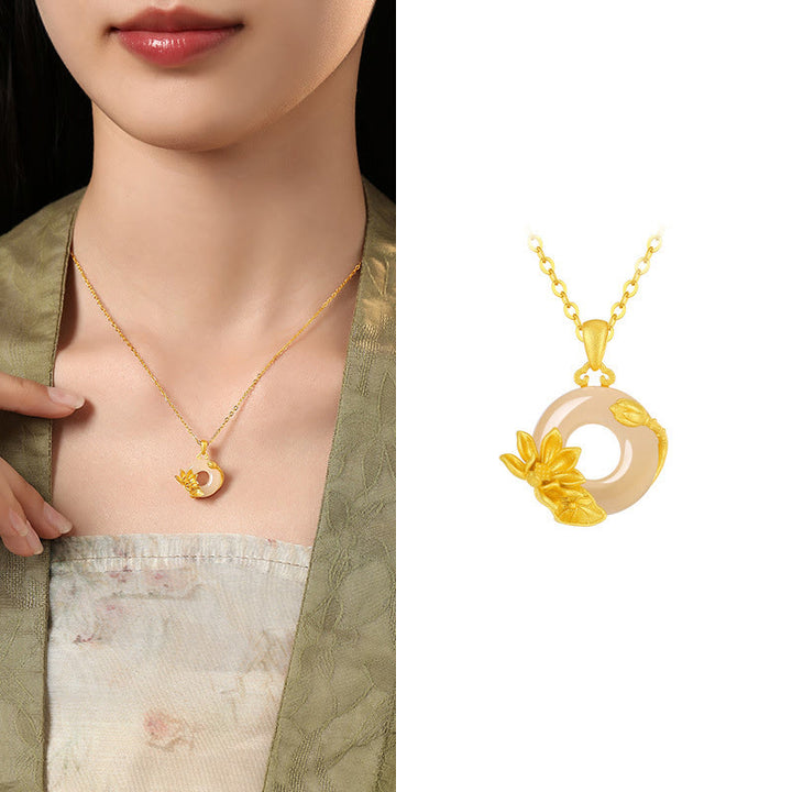 Buddha Stones ​​Chalcedon 925 Sterling Silber Frieden Schnalle Blumen Halskette Anhänger - Lotus - Goldener Chalcedon aus 925er Sterlingsilber - image 16