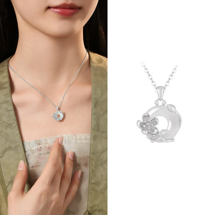 Buddha Stones ​​Chalcedon 925 Sterling Silber Frieden Schnalle Blumen Halskette Anhänger - Pflaumenblüte - 925 Sterling Silber Chalcedon - image 30