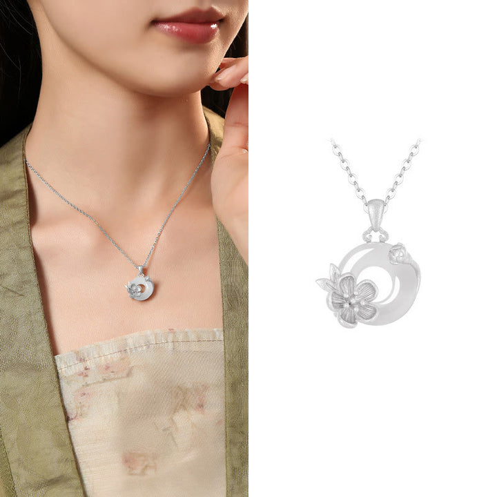 Buddha Stones ​​Chalcedon 925 Sterling Silber Frieden Schnalle Blumen Halskette Anhänger - Aprikosenblüte - 925 Sterling Silber Chalcedon - image 29