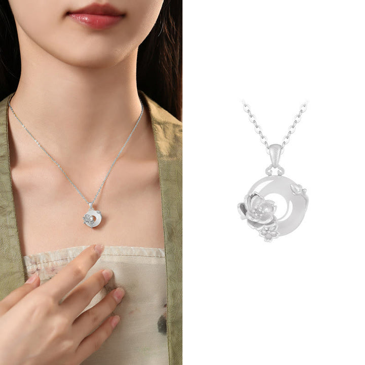 Buddha Stones ​​Chalcedon 925 Sterling Silber Frieden Schnalle Blumen Halskette Anhänger - Pfirsichblüte - 925 Sterling Silber Chalcedon - image 31