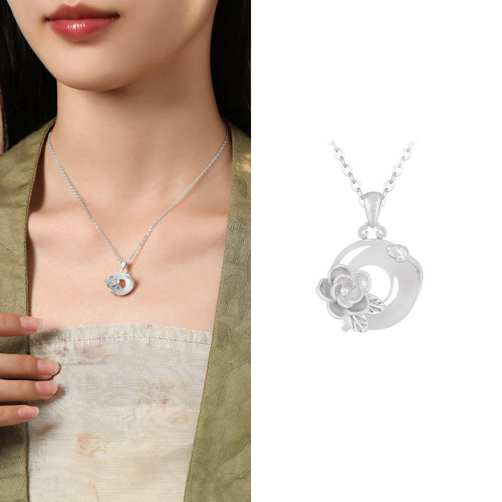 Buddha Stones ​​Chalcedon 925 Sterling Silber Frieden Schnalle Blumen Halskette Anhänger - Kamelie - 925 Sterling Silber Chalcedon - image 39