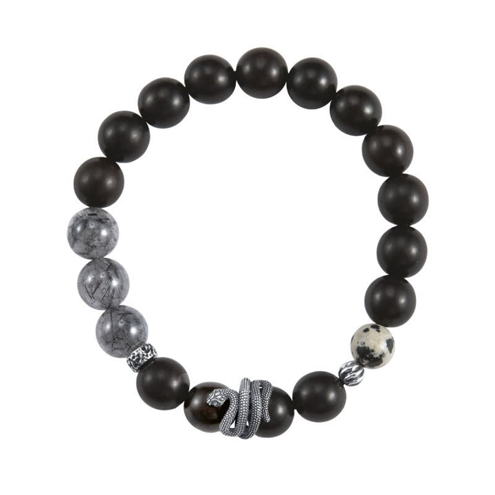 Buddha Stones Ebenholz Schwarzer Rutilquarz 925 Sterling Silber Jahr der Schlange Balance Armband