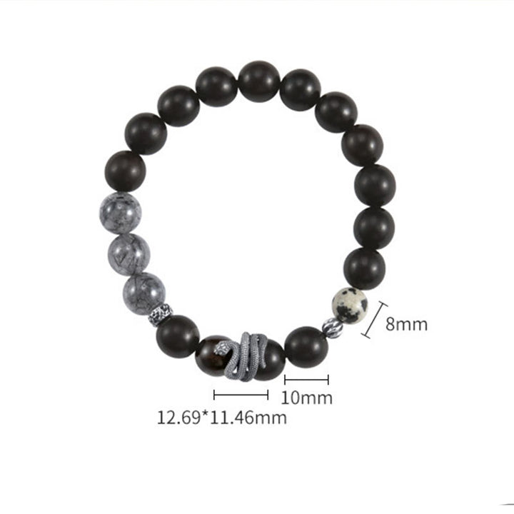 Buddha Stones Ebenholz Schwarzer Rutilquarz 925 Sterling Silber Jahr der Schlange Balance Armband