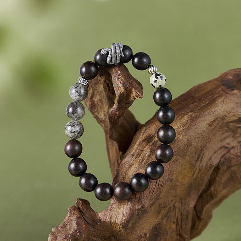 Buddha Stones Ebenholz Schwarzer Rutilquarz 925 Sterling Silber Jahr der Schlange Balance Armband