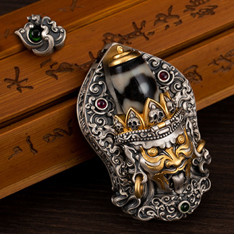 Halskette mit Anhänger aus tibetischem Zakiram-Anhänger mit Dzi-Perlen und Buddha Stones aus 925er Sterlingsilber - image 1