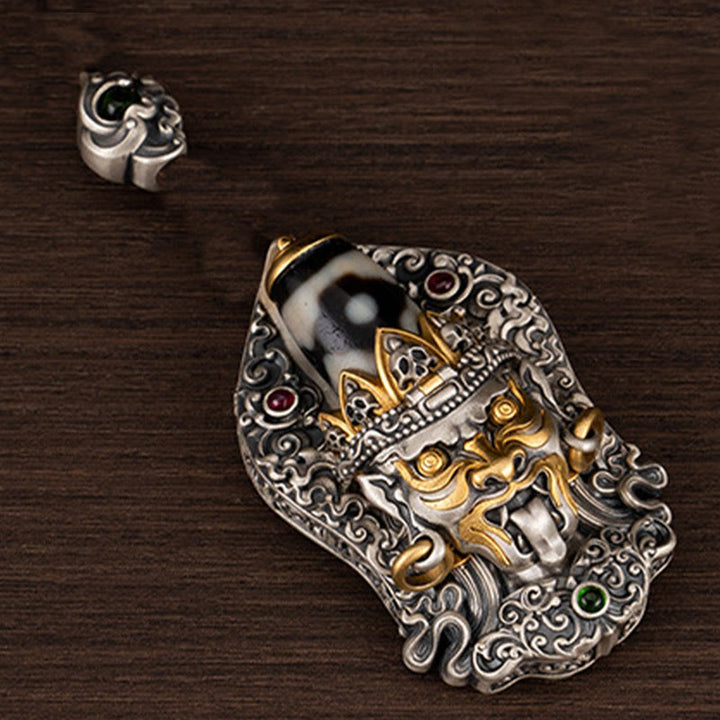 Halskette mit Anhänger aus tibetischem Zakiram-Anhänger mit Dzi-Perlen und Buddha Stones aus 925er Sterlingsilber