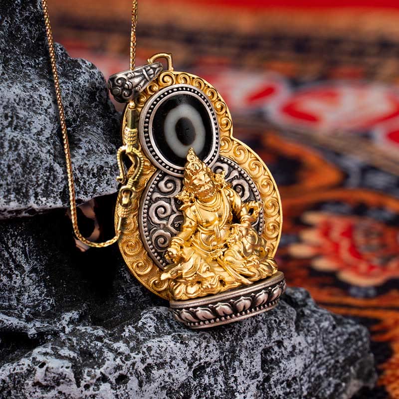 Buddha Stones, 925er Sterlingsilber, tibetisch, gelb, Jambhala, Gott des Reichtums, Dzi-Perle, Om Mani Padme Hum, Glück, Halskettenanhänger - Gelbe Jambhala & 58 cm lange goldene Kupferkette - image 13