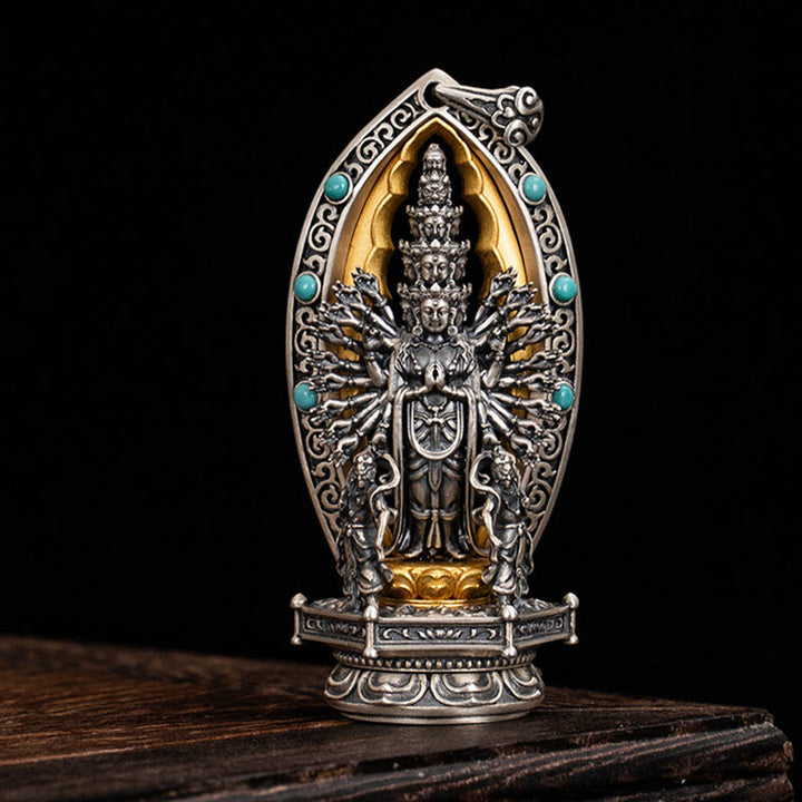 Buddha Stones 925 Sterling Silber Tausendarmige Guanyin Kwan Yin Avalokiteśvara Reichtum Halskette Anhänger