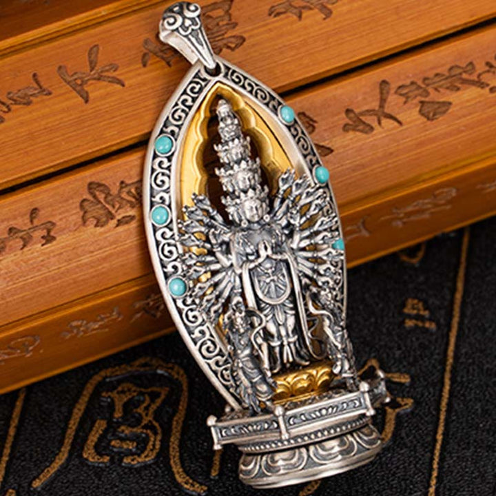 Buddha Stones 925 Sterling Silber Tausendarmige Guanyin Kwan Yin Avalokiteśvara Reichtum Halskette Anhänger