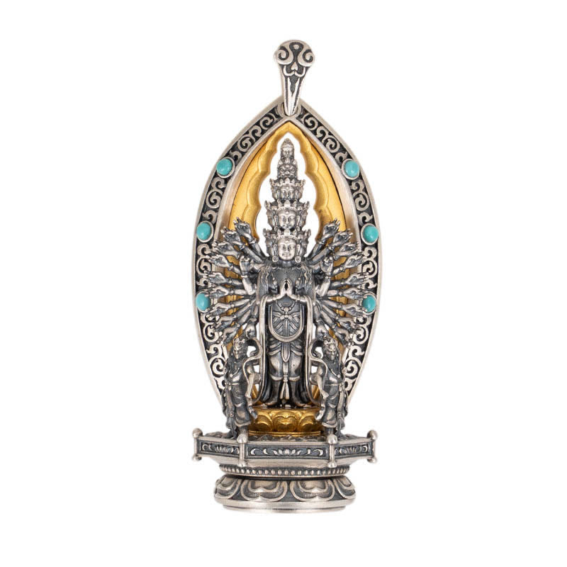 Buddha Stones 925 Sterling Silber Tausendarmige Guanyin Kwan Yin Avalokiteśvara Reichtum Halskette Anhänger