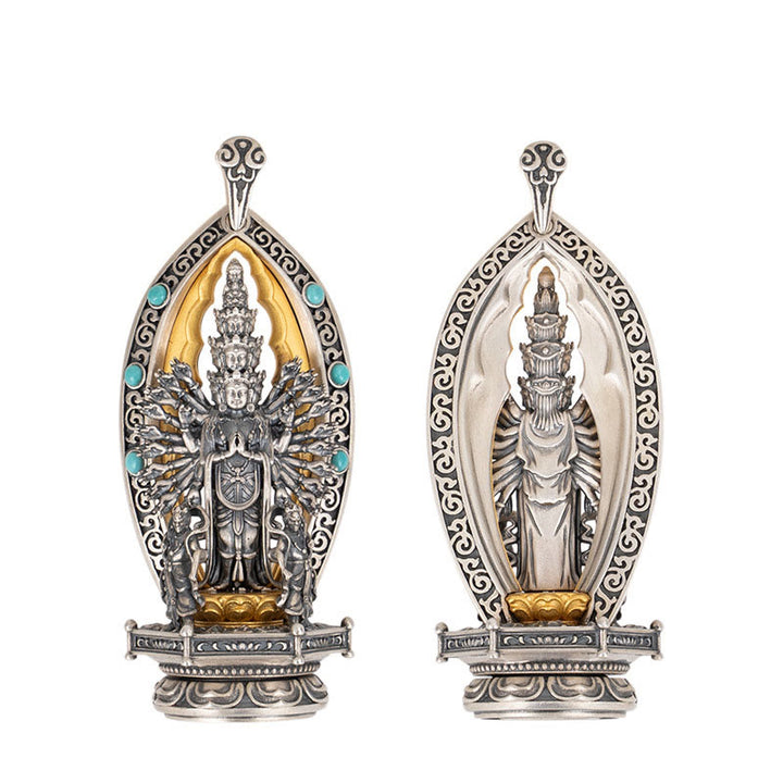 Buddha Stones 925 Sterling Silber Tausendarmige Guanyin Kwan Yin Avalokiteśvara Reichtum Halskette Anhänger