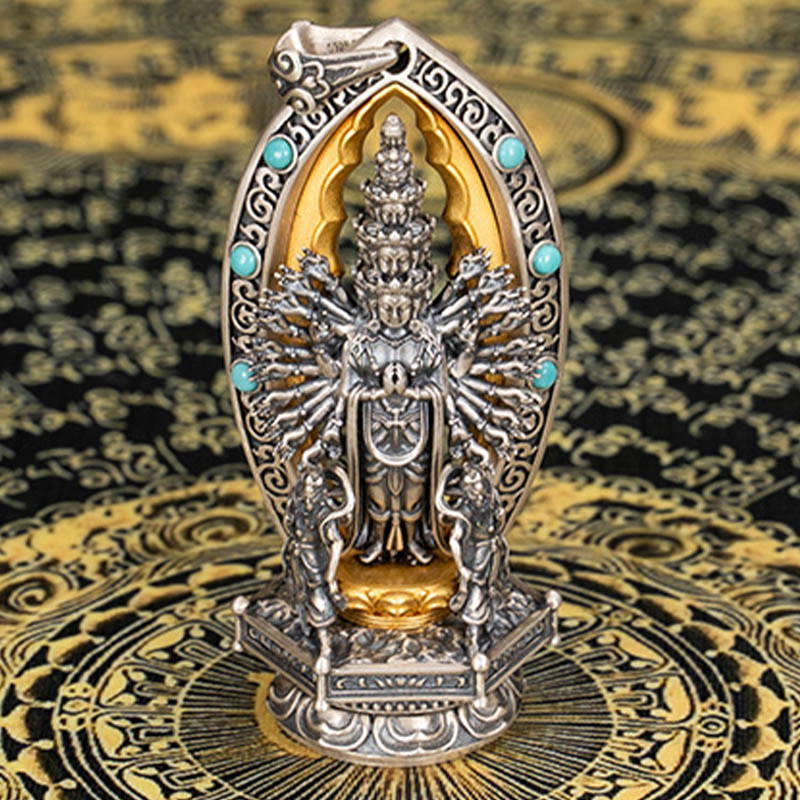 Buddha Stones 925 Sterling Silber Tausendarmige Guanyin Kwan Yin Avalokiteśvara Reichtum Halskette Anhänger