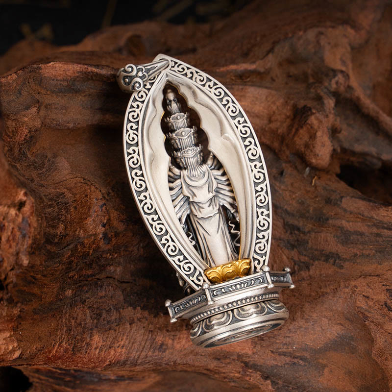 Buddha Stones 925 Sterling Silber Tausendarmige Guanyin Kwan Yin Avalokiteśvara Reichtum Halskette Anhänger