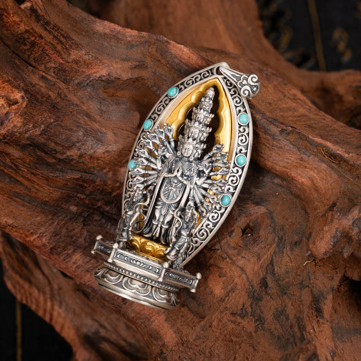 Buddha Stones 925 Sterling Silber Tausendarmige Guanyin Kwan Yin Avalokiteśvara Reichtum Halskette Anhänger