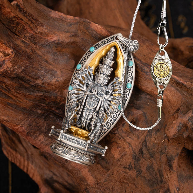 Buddha Stones 925 Sterling Silber Tausendarmige Guanyin Kwan Yin Avalokiteśvara Reichtum Halskette Anhänger