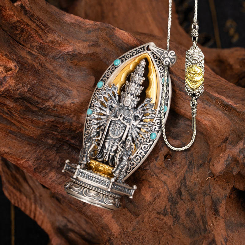 Buddha Stones 925 Sterling Silber Tausendarmige Guanyin Kwan Yin Avalokiteśvara Reichtum Halskette Anhänger