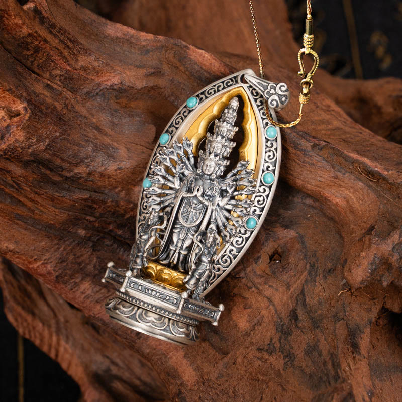 Buddha Stones ​​925 Sterling Silber Tausendarmige Guanyin Kwan Yin Avalokiteśvara Reichtum Halskette Anhänger - Avalokiteśvara & 58 cm goldene Kupferkette - image 14