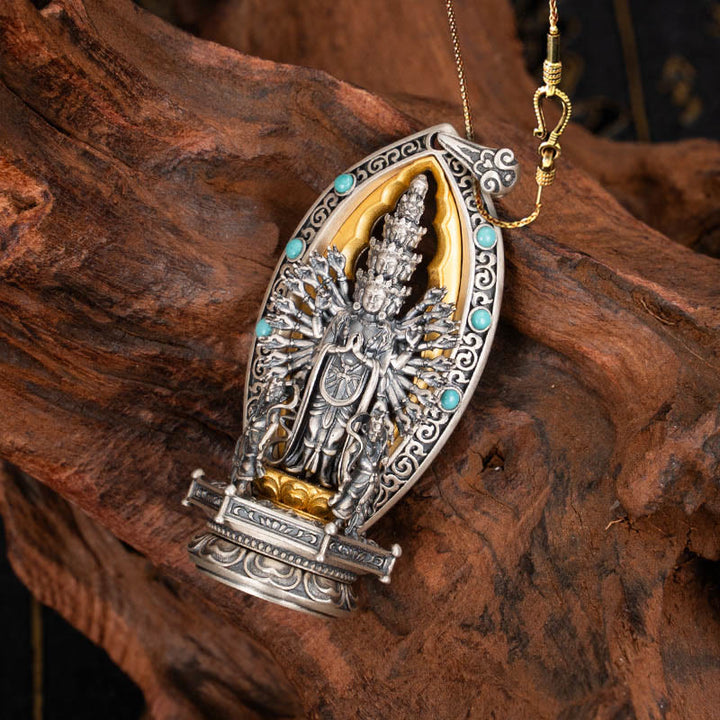 Buddha Stones ​​925 Sterling Silber Tausendarmige Guanyin Kwan Yin Avalokiteśvara Reichtum Halskette Anhänger - Avalokiteśvara & 58 cm goldene Kupferkette - image 14