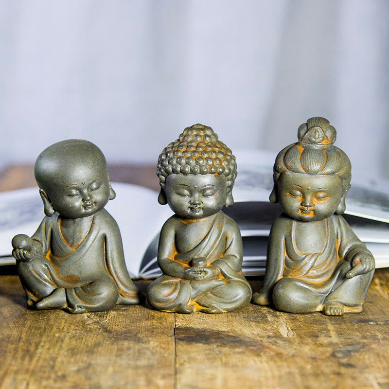 Buddha Stones, handgefertigt, Ksitigarbha, Kwan, Yin, Guanyin, Avalokitesvara, Tathagata, Eisenpulver, Rost, Gussharz, Statue, Heimdekoration - Rust-Version - 3-teiliges Buddha-Set - image 0