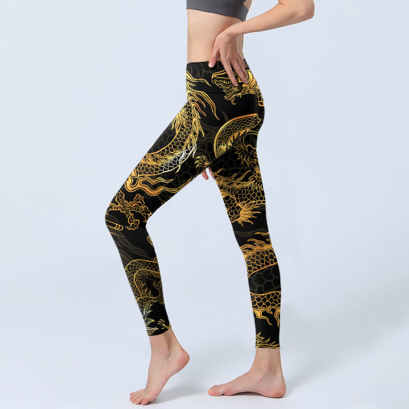 Buddha Stones Golden Dragon Print Gym Leggings Damen Yogahose