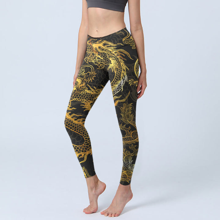 Buddha Stones Golden Dragon Print Gym Leggings Damen Yogahose