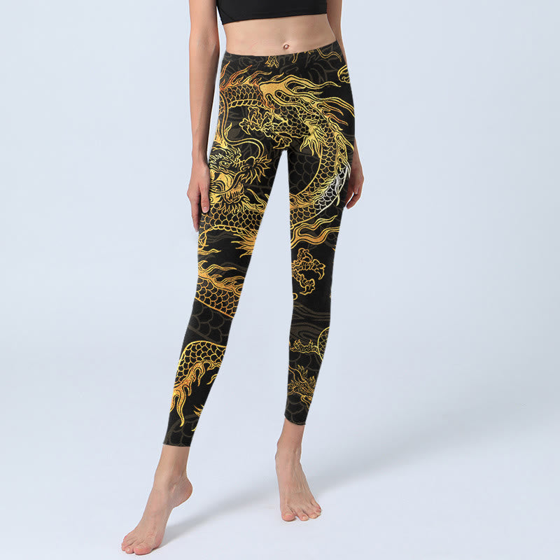 Buddha Stones Golden Dragon Print Gym Leggings Damen Yogahose