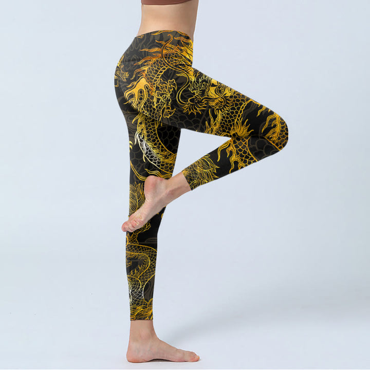 Buddha Stones Golden Dragon Print Gym Leggings Damen Yogahose