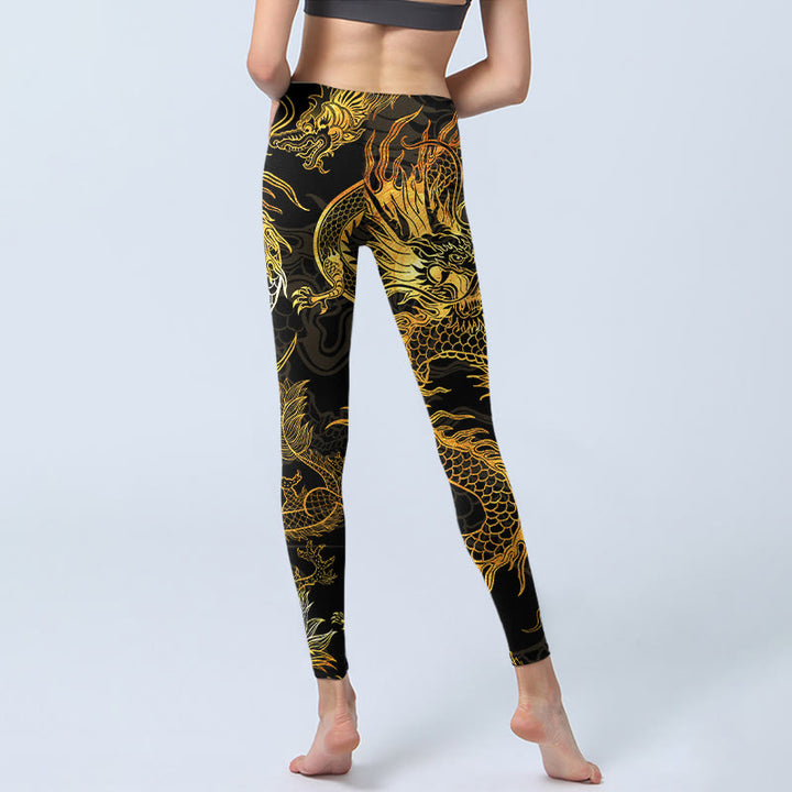 Buddha Stones Golden Dragon Print Gym Leggings Damen Yogahose