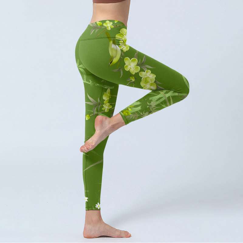 Buddha Stones Elster Blumen Zweige Print Gym Leggings Damen Yogahose