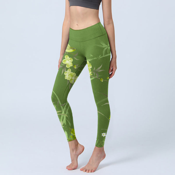 Buddha Stones Elster Blumen Zweige Print Gym Leggings Damen Yogahose