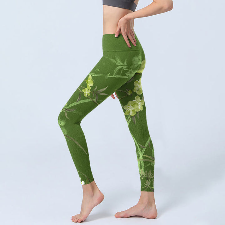 Buddha Stones Elster Blumen Zweige Print Gym Leggings Damen Yogahose