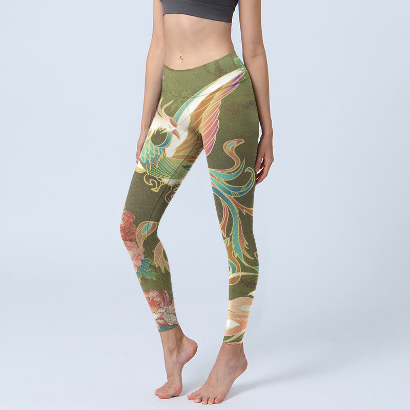 Buddha Stones Leuchtende Phoenix Blumen Druck Gym Leggings Frauen Yoga Hosen - Olivgrün - US18， UK/AU22，EU50 (4XL) - image 1