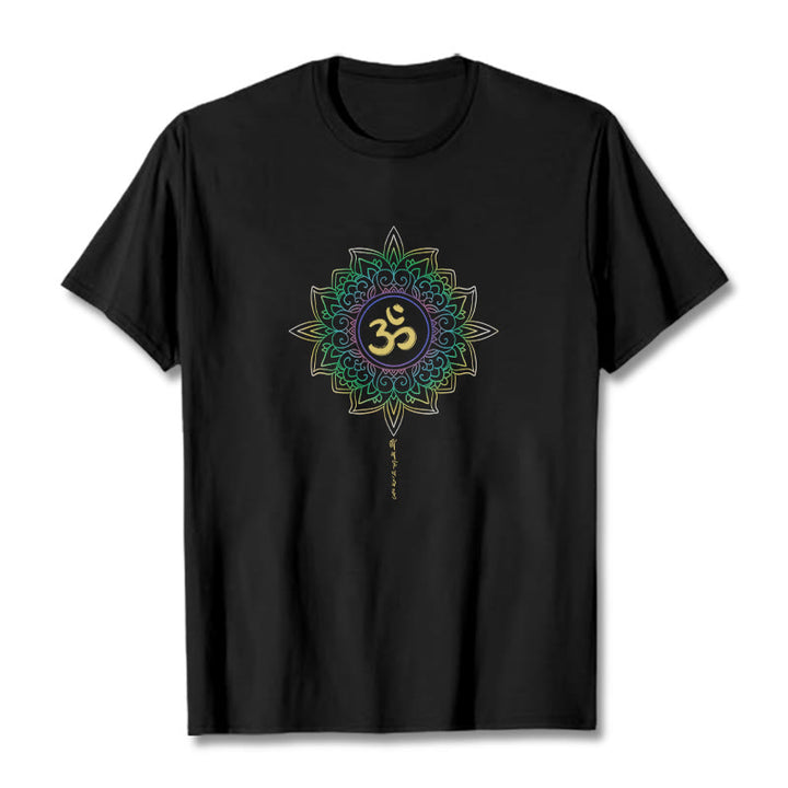Buddha Stones OM Gelb Grün Farbverlauf Lotus Baumwolle T-Shirt - Schwarz - 2XL - image 2