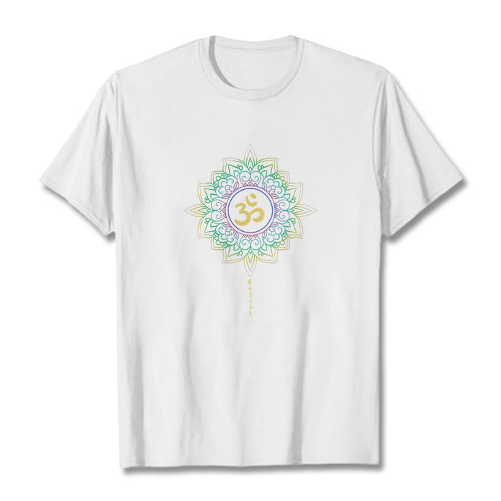 Buddha Stones OM Gelb Grün Farbverlauf Lotus Baumwolle T-Shirt - Weiß - 2XL - image 10