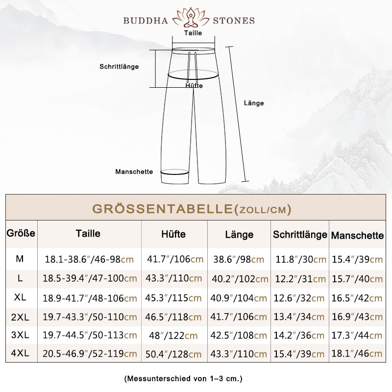 Buddha Stones Herren Freizeithosen aus einfarbiger Baumwoll-Leinen-Mischung mit Kordelzug und Taschen