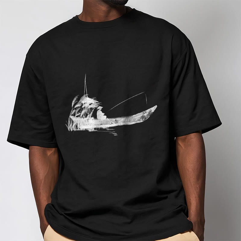 T-Shirt mit Buddha Stones, Boot, Angeln, Gras-Muster, Baumwolle - image 12
