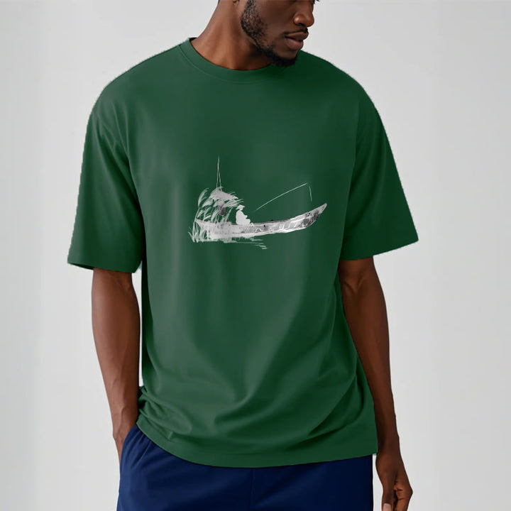 T-Shirt mit Buddha Stones, Boot, Angeln, Gras-Muster, Baumwolle - image 3