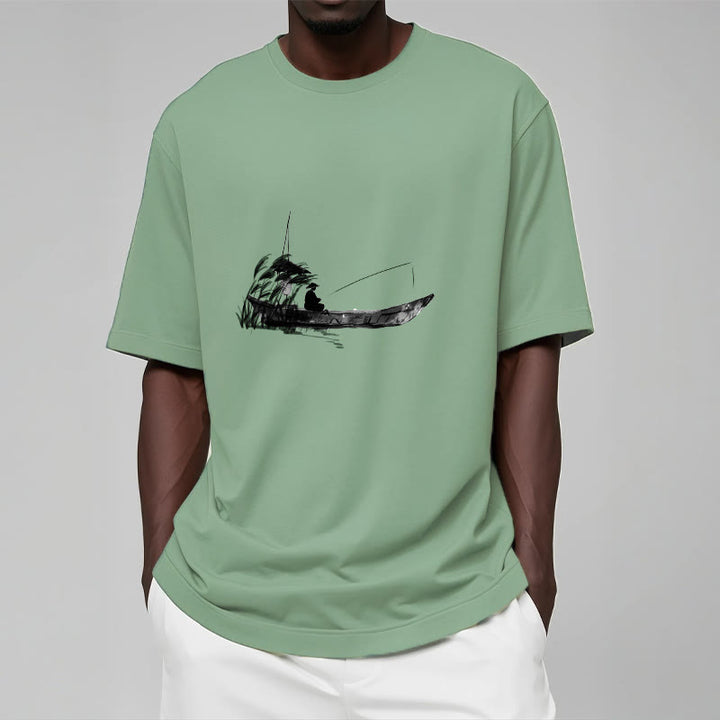T-Shirt mit Buddha Stones, Boot, Angeln, Gras-Muster, Baumwolle - image 18