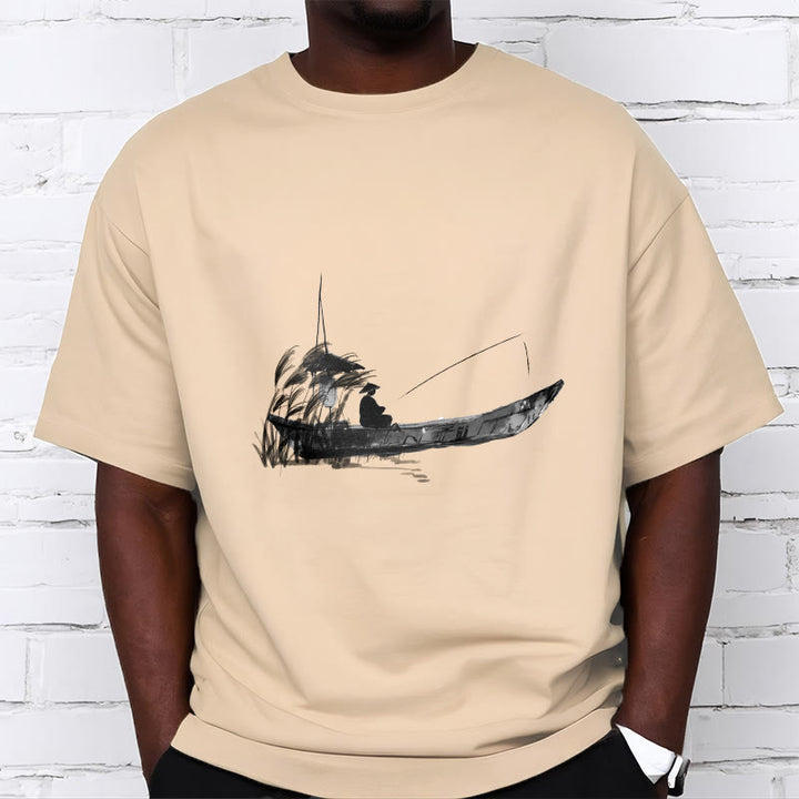 T-Shirt mit Buddha Stones, Boot, Angeln, Gras-Muster, Baumwolle - image 8