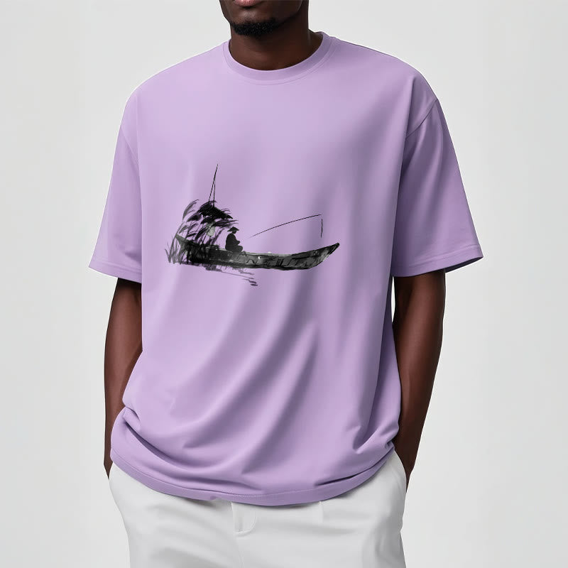 T-Shirt mit Buddha Stones, Boot, Angeln, Gras-Muster, Baumwolle - image 10