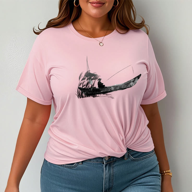 T-Shirt mit Buddha Stones, Boot, Angeln, Gras-Muster, Baumwolle - image 19