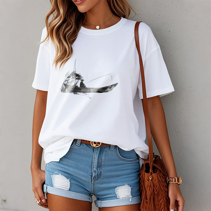 T-Shirt mit Buddha Stones, Boot, Angeln, Gras-Muster, Baumwolle - image 7