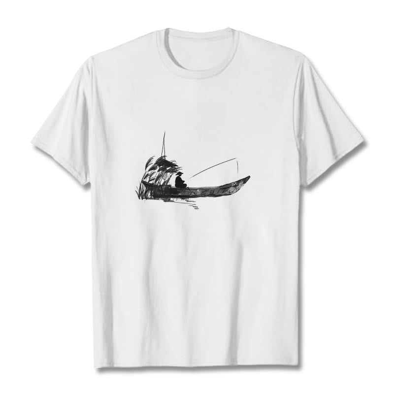T-Shirt mit Buddha Stones, Boot, Angeln, Gras-Muster, Baumwolle - Weiß - 2XL - image 5