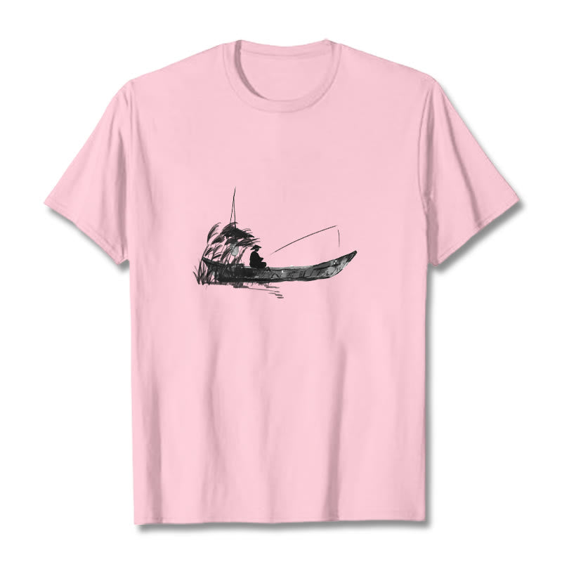 T-Shirt mit Buddha Stones, Boot, Angeln, Gras-Muster, Baumwolle - Hellrosa - 2XL - image 18
