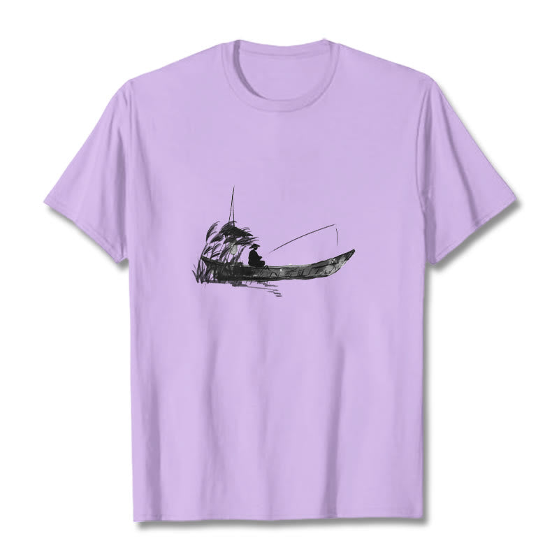T-Shirt mit Buddha Stones, Boot, Angeln, Gras-Muster, Baumwolle - Pflaume - 2XL - image 9