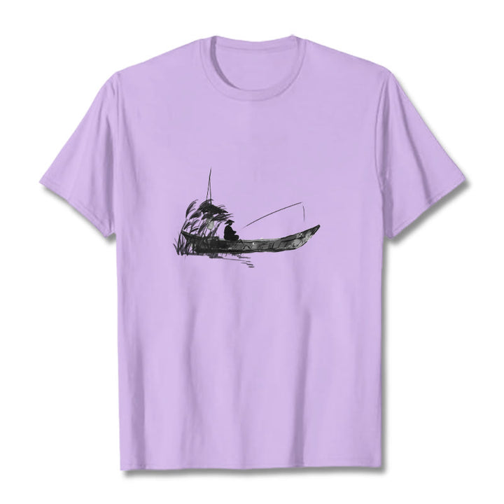 T-Shirt mit Buddha Stones, Boot, Angeln, Gras-Muster, Baumwolle - Pflaume - 2XL - image 9
