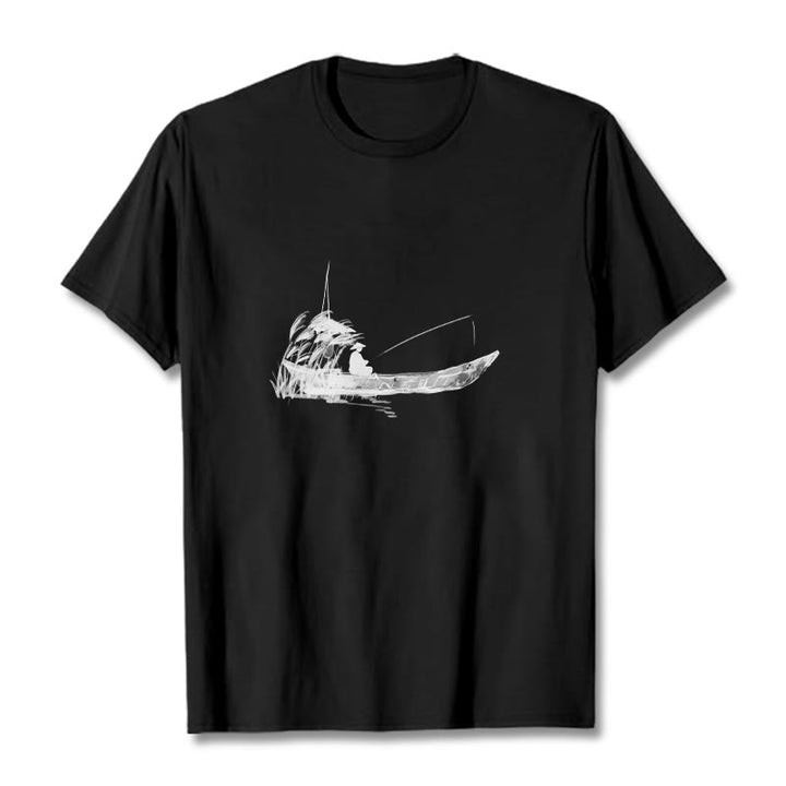 T-Shirt mit Buddha Stones, Boot, Angeln, Gras-Muster, Baumwolle - Schwarz - 2XL - image 12