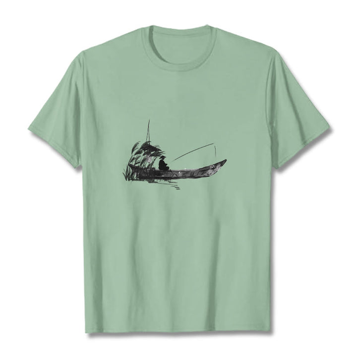 T-Shirt mit Buddha Stones, Boot, Angeln, Gras-Muster, Baumwolle - Blassgrün - 2XL - image 17