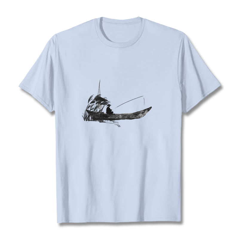 T-Shirt mit Buddha Stones, Boot, Angeln, Gras-Muster, Baumwolle - Hellcyan - 2XL - image 15